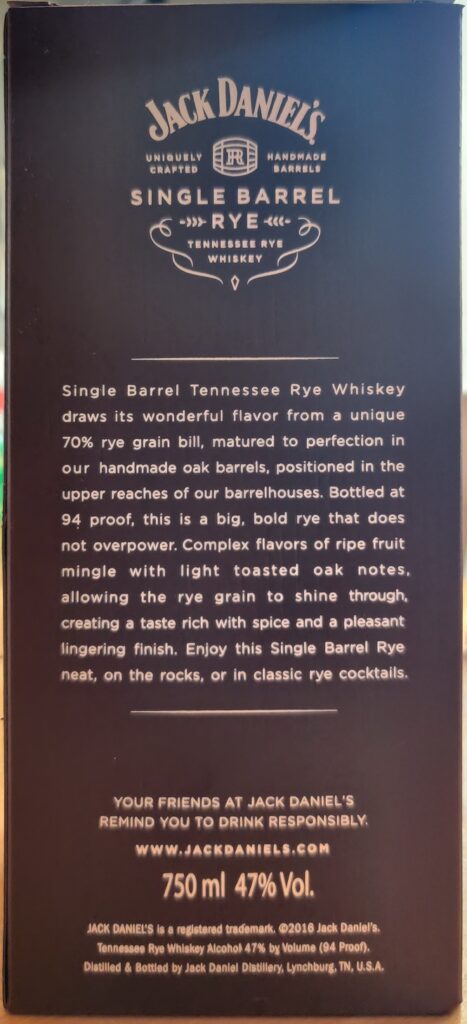 Jack Daniel's Single Barrel Rye - Box back