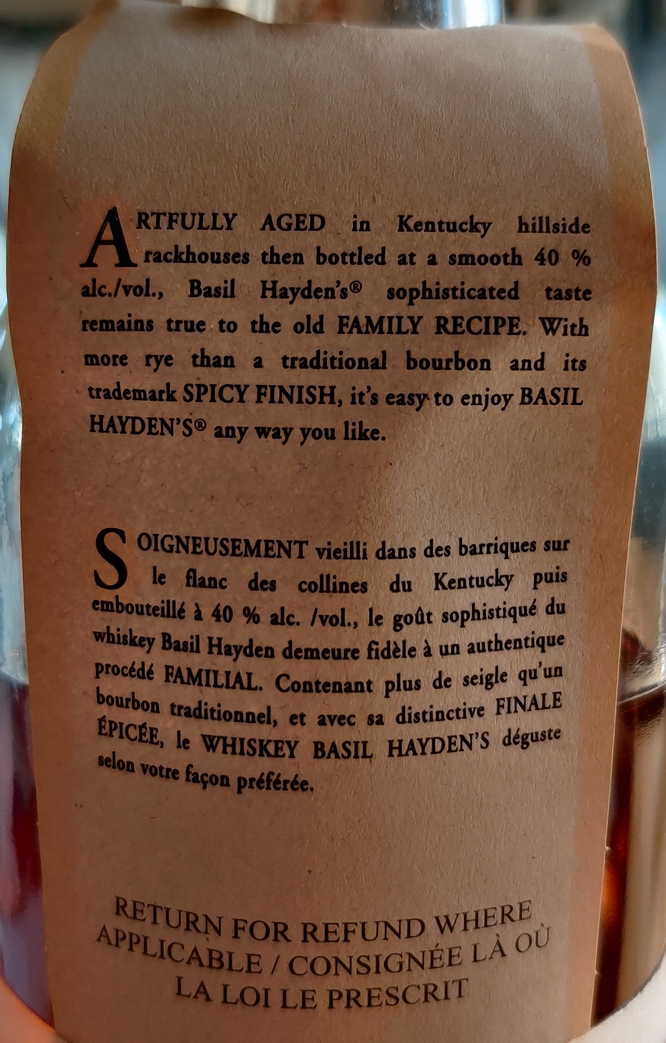 Basil Hayden’s Bourbon Whiskey - Bottle back