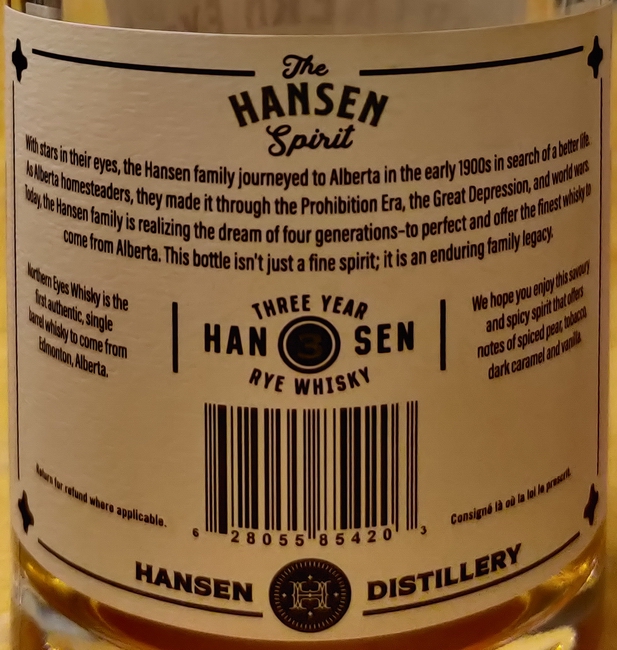 Hansen Northern Eyes Whisky - Bottle back