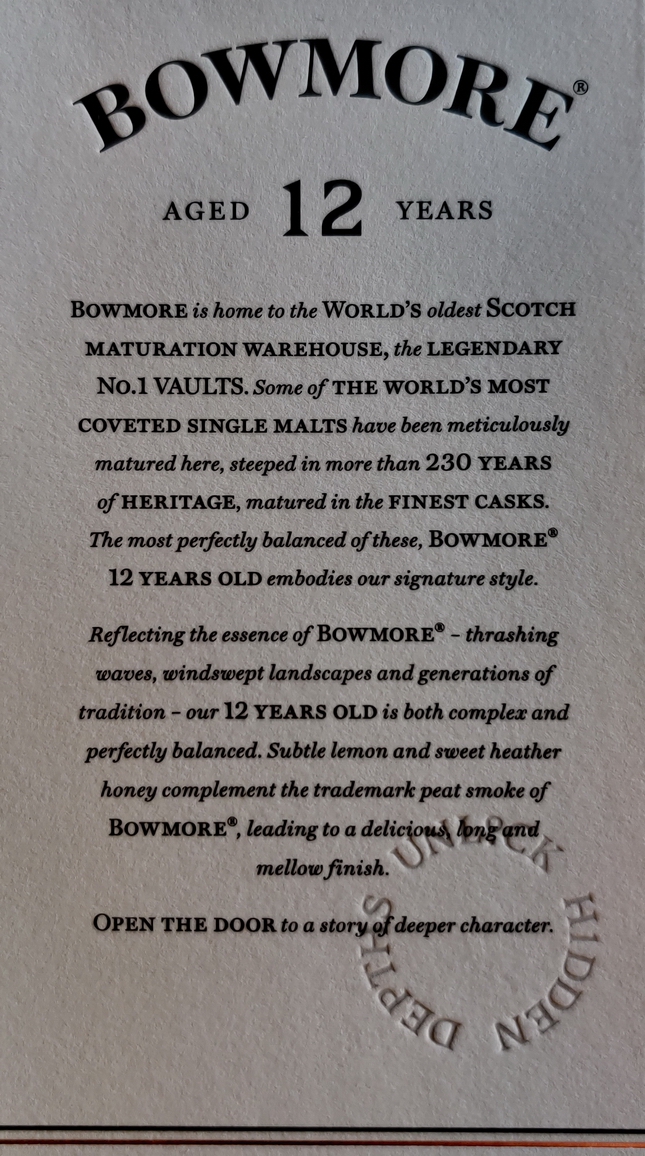 Bowmore Aged 12 years - Box back