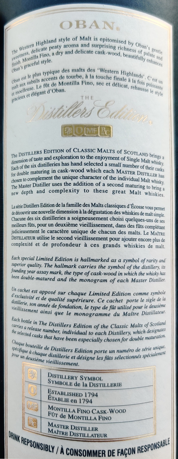 Oban Distillers Edition 1995 - Tube back