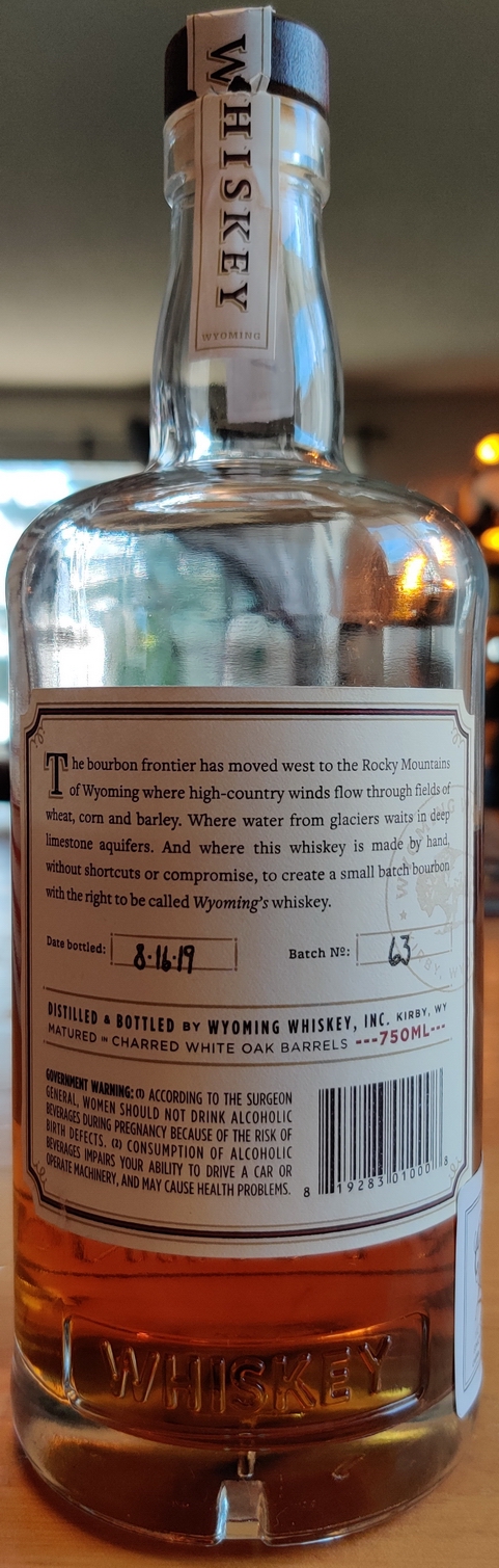 Wyoming Small Batch Bourbon Whiskey - Bottle Back