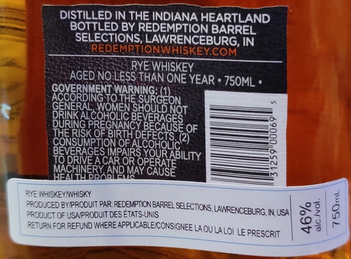 Redemption Rye - Bottle back