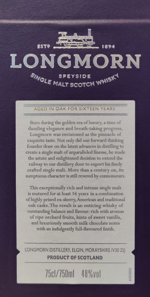 Longmorn Aged 16 Years - Box back