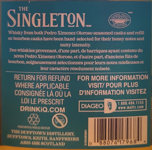 Singleton 12 Year Old - Bottle Back